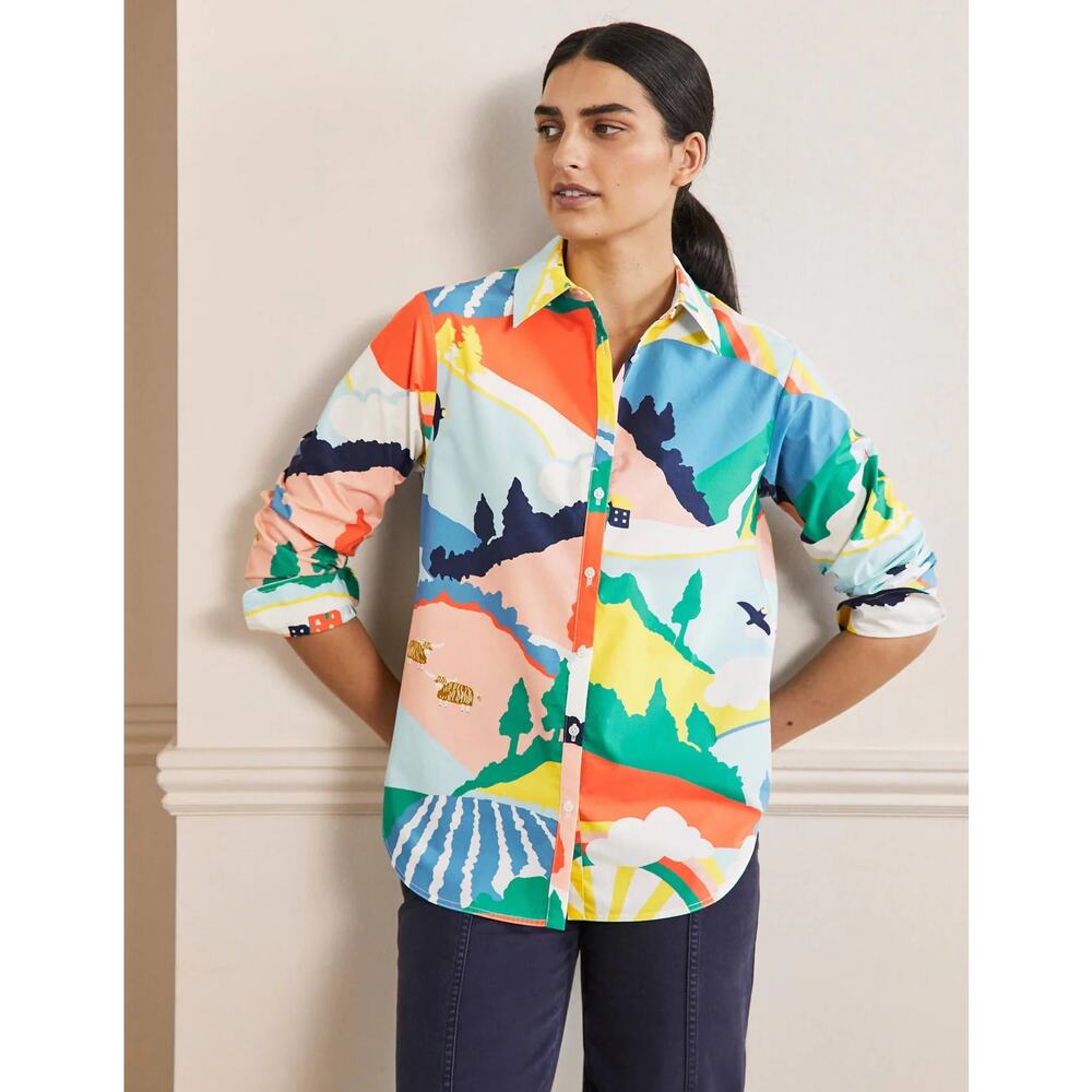 NWT Boden Multicolor Abstract Outdoor Scene Long Sleeve Button Down 100% Cotton - Picture 2 of 11